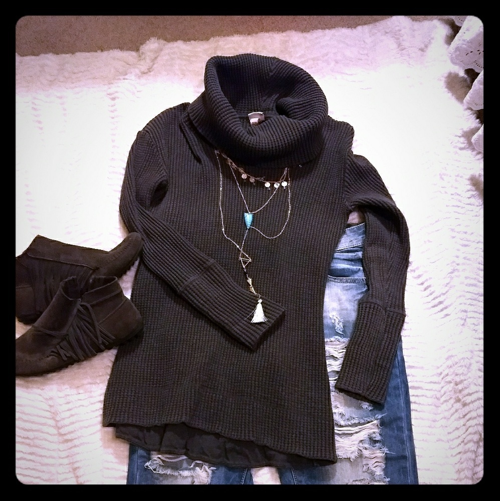 Grey waffle cowl neck sweater